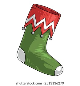 Christmas sock colorful vintage emblem with sock for New Year gifts from santa hanging near fireplace vector illustration