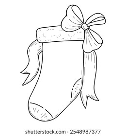 Christmas sock coloring book hand drawn. Holiday decorations. Accessory, clothing. Gift, surprise. Event, celebration. Vector line art illustration. Page for kids and adults.