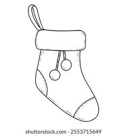 Christmas sock coloring book hand drawn. Holiday decorations. Accessory, clothing. Gift, surprise. Event, celebration. Vector line art illustration. Page for kids and adults.