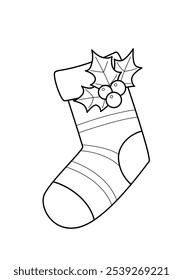 Christmas sock coloring book page. Christmas doodle book coloring page. Outline illustration.