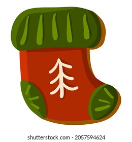 Christmas sock cookie, Happy New Year cake, cute illustration isolated on white background. Vector art