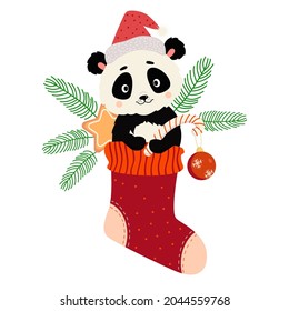 Christmas sock with cute panda, gifts, gingerbread, striped caramel and Christmas ball. Vector illustration. For New Years cards, childrens collection, printing and decor