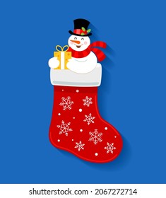 Christmas sock with a cute snowman and a gift. New Year theme. New Year. Vector illustration