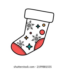 Christmas sock decorated with a pattern. Empty christmas stocking with fur and patches isolated on white.