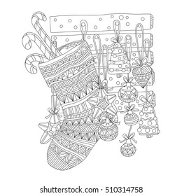 Christmas sock decorations coloring page for adults in zentangle style