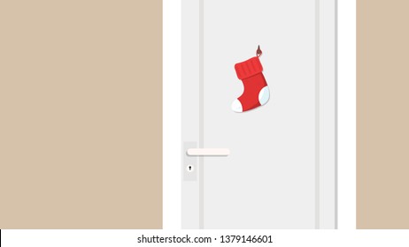 Christmas sock and door vector. wallpaper. free space for text. copy space. Christmas day. blank.