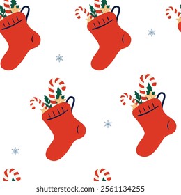 Christmas sock filled with candy canes and holly pattern on white background