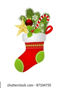 Christmas sock with fir branch, star, candy cane, snowflakes and christmas ornament