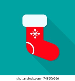 Christmas sock flat icon with long shadow. Xmas sock simple color symbol. Vector.