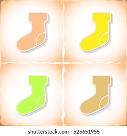 Christmas sock. Flat sticker with shadow on old paper. Vector illustration