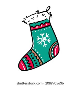 Christmas sock in flat style isolated on white background. Cute sock for gifts in green and red with black outline. Drawn by hand as a sketch. Vector Christmas symbol.
