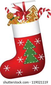 Christmas sock full of candies, cookies and gift