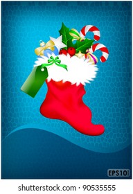 Christmas sock full gift on blue abstract background