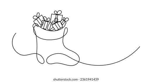 Christmas sock full of gifts. Continuous line drawing. Saint Nicholas Day, Christmas, Xmas or New Year greeting vector illustration.