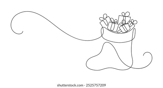 Christmas sock full of gifts. Continuous line drawing. Santa Clause gifts. Saint Nicholas Day, Christmas, Xmas or New Year greeting.