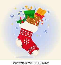 Christmas  sock  full of gifts in flat style.  greeting card in flat style. Vector illustration.