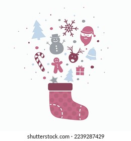 Christmas with a sock full of gifts. Xmas ornament. Vector