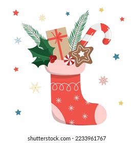 Christmas sock with gift box, candy, cookie, and leaves. Vector illustration. Isolated on white background