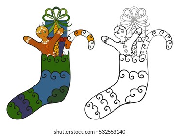 Christmas sock with gift, candy cane, gingerbread man set. Abstract vector isolated illustration. Hand-drawn collection. Black and multicolored objects. Adult coloring book. Eps 8.