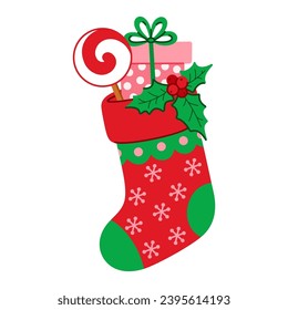 Christmas sock with gift, lollipop and mistletoe. New Year stocking in cartoon flat style. Isolated vector illustration on a white background. Perfect for winter holiday design.