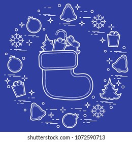 Christmas sock with gift. New Year and Christmas symbols. Winter holidays greeting card. Design for banner, poster or print.