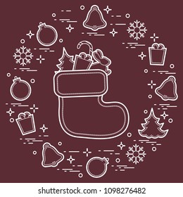 Christmas sock with gift. New Year and Christmas symbols. Winter holidays greeting card. Design for banner, poster or print.
