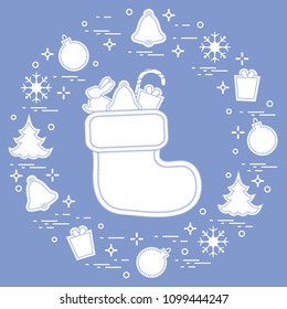 Christmas sock with gift. New Year and Christmas symbols. Winter holidays greeting card. Design for banner, poster or print.