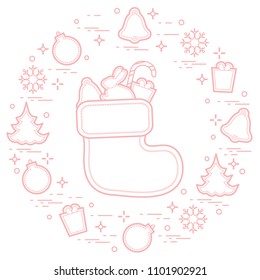 Christmas sock with gift. New Year and Christmas symbols. Winter holidays greeting card. Design for banner, poster or print.