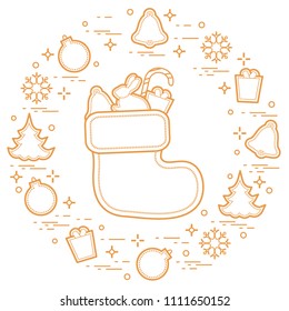 Christmas sock with gift. New Year and Christmas symbols. Winter holidays greeting card. Design for banner, poster or print.