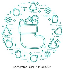 Christmas sock with gift. New Year and Christmas symbols. Winter holidays greeting card. Design for banner, poster or print.