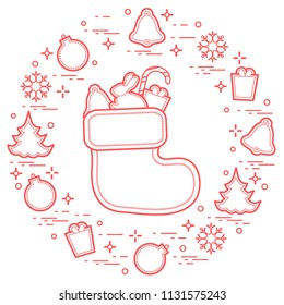 Christmas sock with gift. New Year and Christmas symbols. Winter holidays greeting card. Design for banner, poster or print.