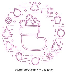 Christmas sock with gift. New Year and Christmas symbols. Winter holidays greeting card. Design for banner, poster or print.