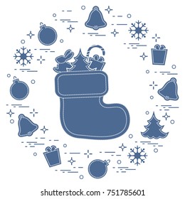 Christmas sock with gift. New Year and Christmas symbols. Winter holidays greeting card. Design for banner, poster or print.