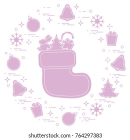 Christmas sock with gift. New Year and Christmas symbols. Winter holidays greeting card. Design for banner, poster or print.