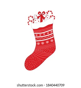 Christmas sock with a gift on a white isolated background. Merry Christmas and New Year.