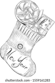 Christmas sock with gift and sweet black and white sketch
