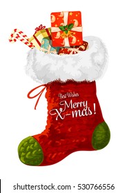 Christmas sock with gift winter holidays greeting card. Festive xmas stocking full of present box with ribbon bow, candy cane and holly berry with bell. Christmas and New Year theme design
