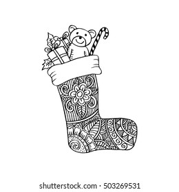 Christmas sock with gift. Zentangle style.