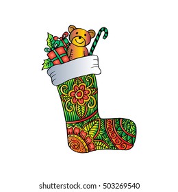Christmas sock with gift. Zentangle style.