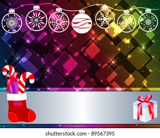 Christmas sock with gifts against transparent rhombuses. 10EPS. Vector illustration.