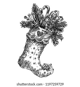 Christmas sock with gifts, candy and fir branches. Sketch. Engraving style. Vector illustration.