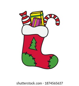 Christmas sock with gifts and candy, flat design, vector illustration.