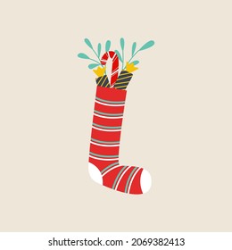 Christmas sock for gifts, candy in a sock, vector illustration isolated. Flat cartoon style.