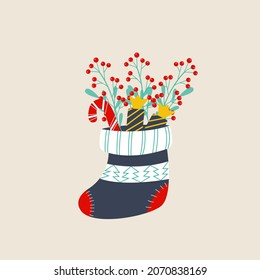 Christmas sock for gifts, candy in a sock, vector illustration isolated. Flat cartoon style.