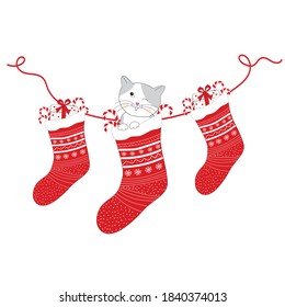 Christmas sock with gifts. Cat in a sock. Card.