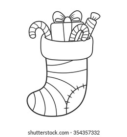 christmas sock with gifts . coloring book. Christmas themes