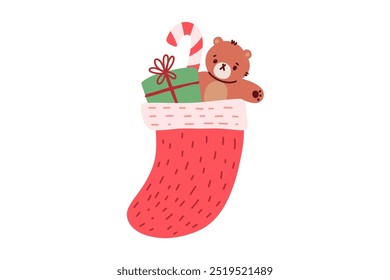 Christmas sock with gifts. Hand drawn Christmas decorations.Vector illustration isolated on a white background.