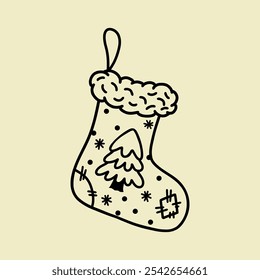 Christmas sock for gifts, hand-drawn illustration.Christmas stocking with fur top and cute patterns like Christmas tree and snowflakes. Vector illustration highlighted on a beige background.