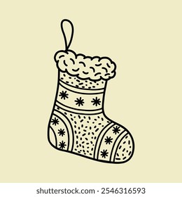 Christmas sock for gifts, hand-drawn illustration.Christmas stocking with fur top and cute patterns. Vector illustration highlighted on a beige background.