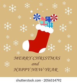 Christmas sock with gifts, Christmas holidays, New Year, vector illustration